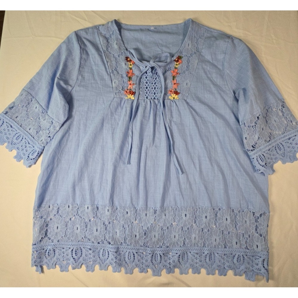 Light Blue Embroidered Eyelet Lace Peasant Top Sz 3XL Boho Cottagecore Prairie - Picture 6 of 16